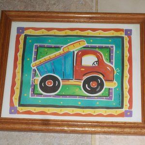 Boy truck print in wood frame, approximately 11 3/4"x9.5"